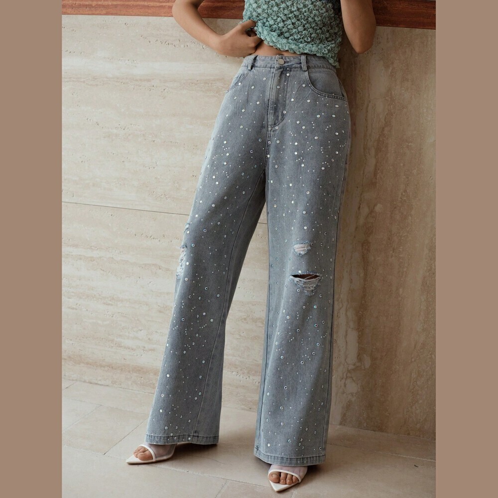 Silver Rhinestone Ripped Wide Leg Jeans